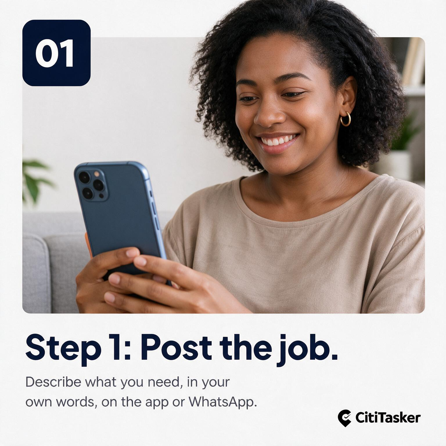 Nigerian customer using a phone to post a service request at home